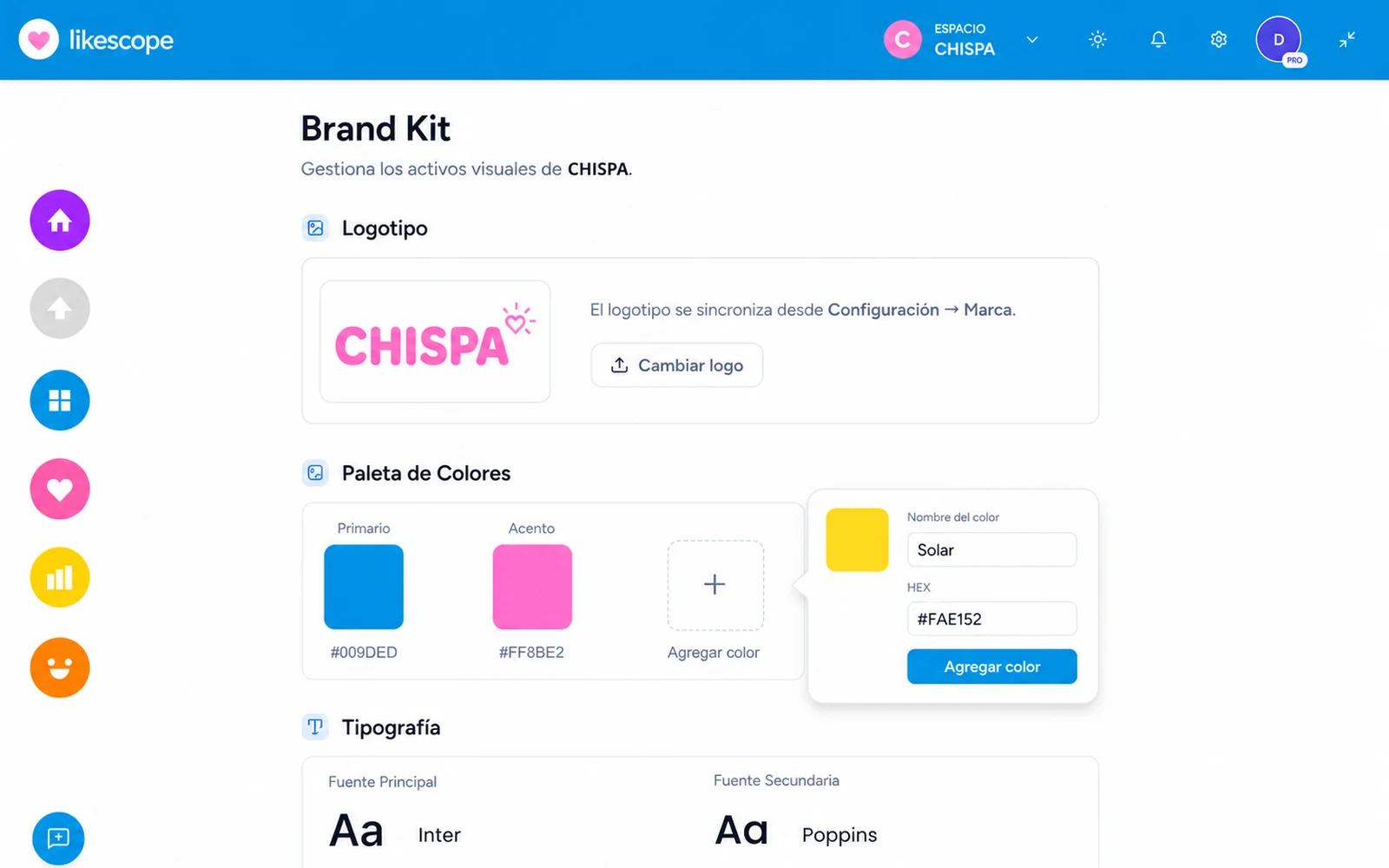 Brand Kit con logotipo, paleta de colores y tipografías de marca en Likescope