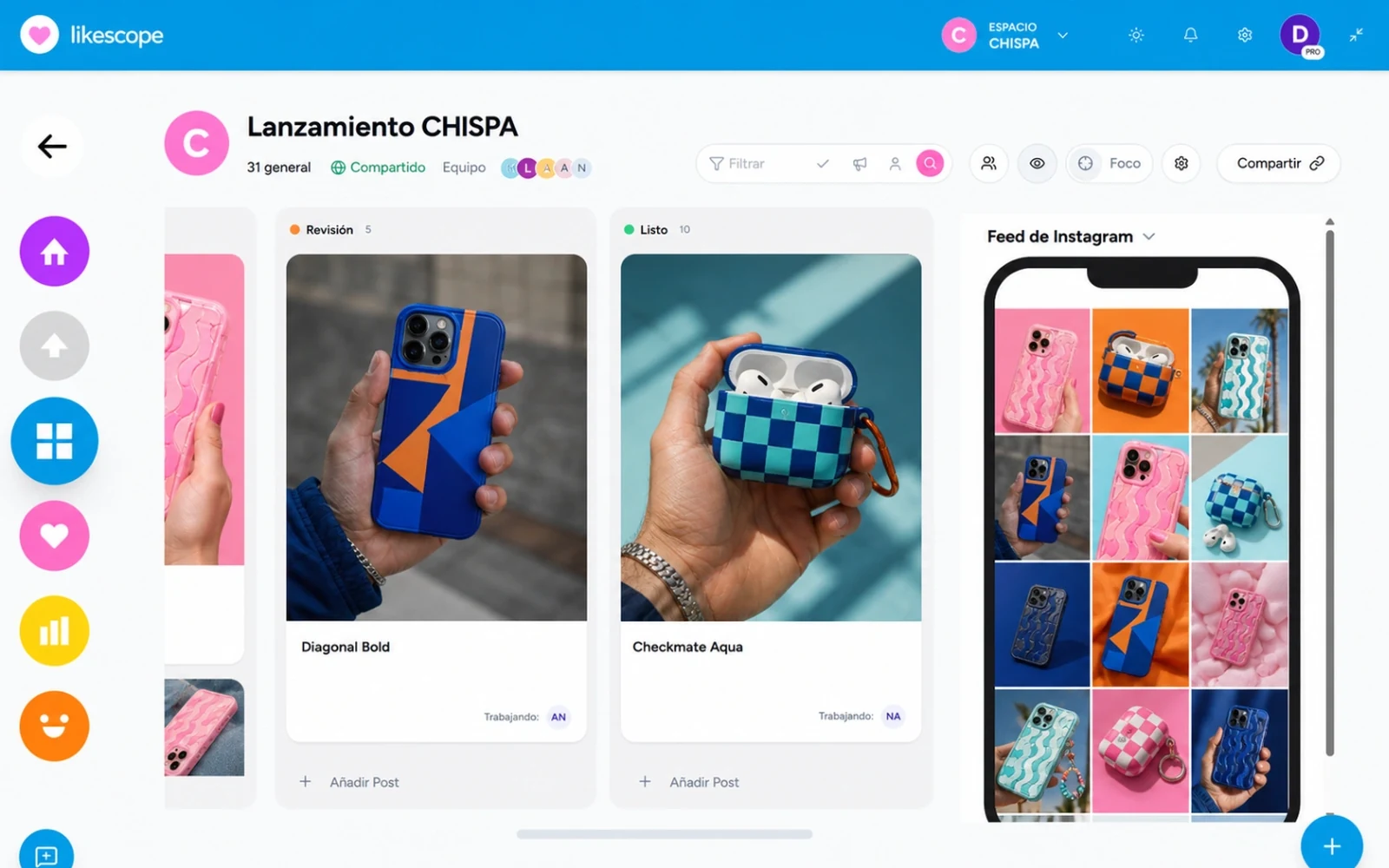 Tablero de publicaciones y previsualización del feed de Instagram en Likescope