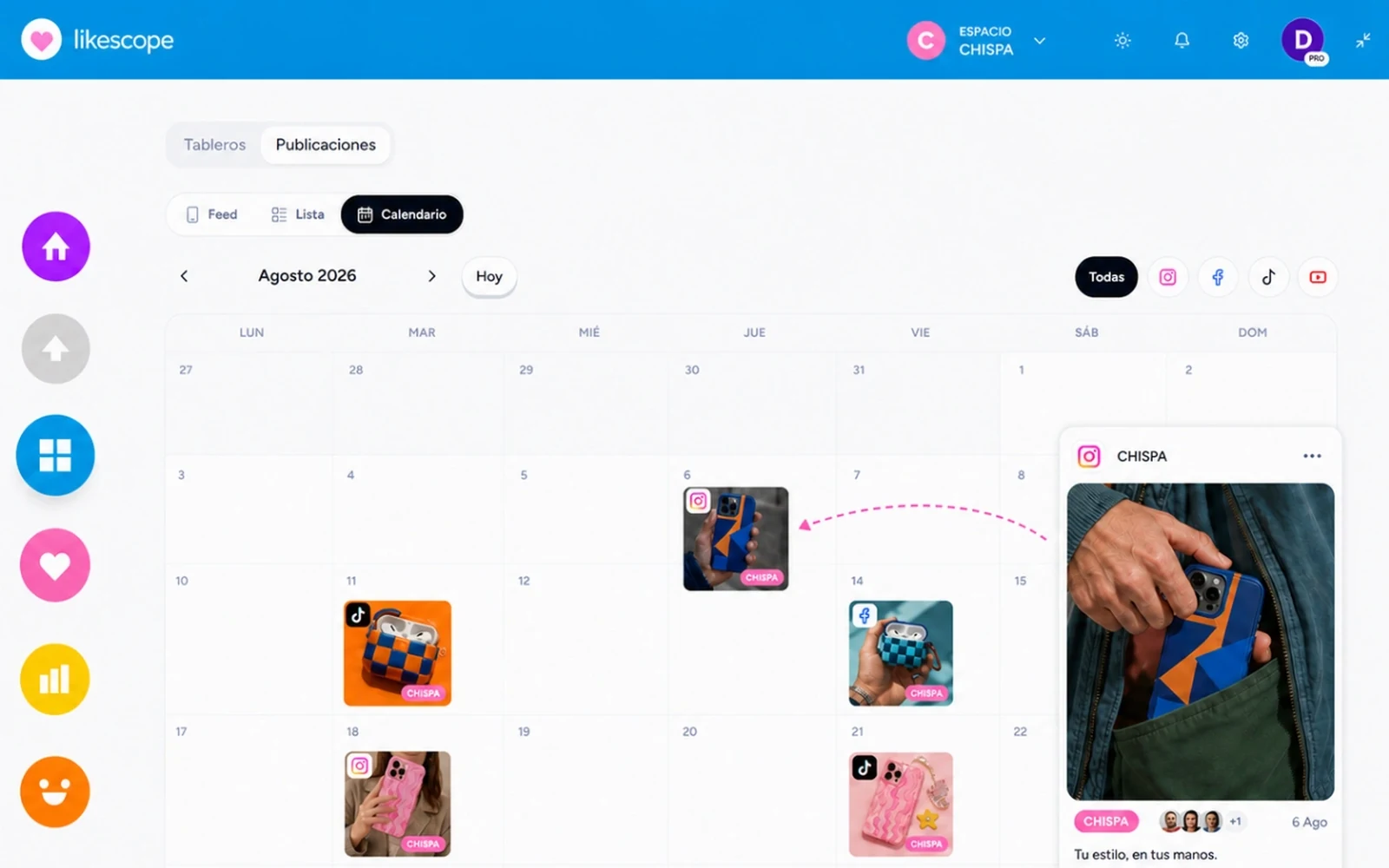 Calendario de planificación de contenido para redes sociales en Likescope