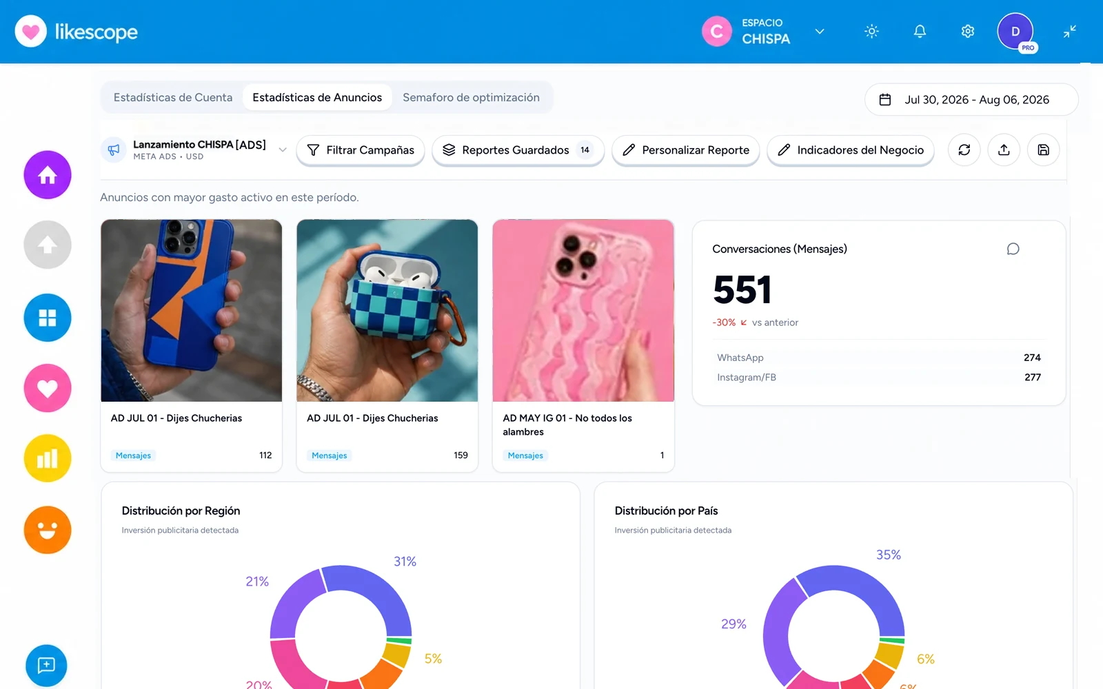 Reporte de métricas de redes sociales listo para compartir con el cliente en Likescope